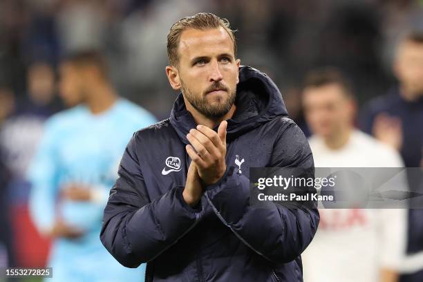 Harry Kane of Hotspur acknowledges spectators after being defeated during the pre-season friendly match between Tottenham Hotspur and West Ham United...