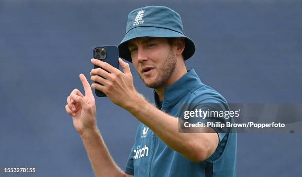 Stuart Broad of England records a message after a training session before Wednesday's 4th Test between England and Australia at Emirates Old Trafford...