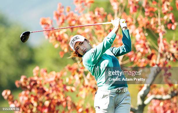 Bo-Mee Lee of South Korea tees off during the second round of the Mizuno Classic at Kintetsu Kashikojima Country Club on November 3, 2012 in Shima,...