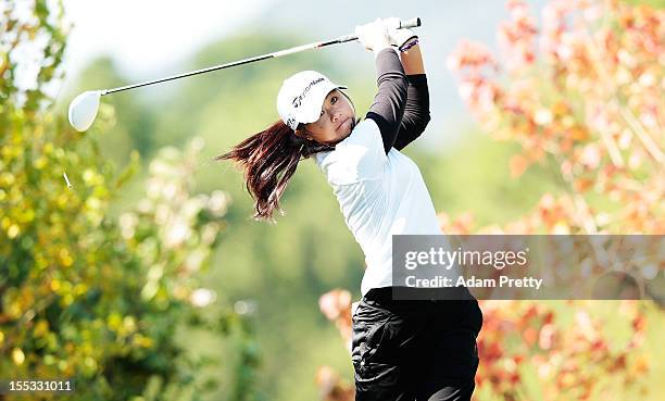 Danielle Kang of the USA tees off during the second round of the Mizuno Classic at Kintetsu Kashikojima Country Club on November 3, 2012 in Shima,...
