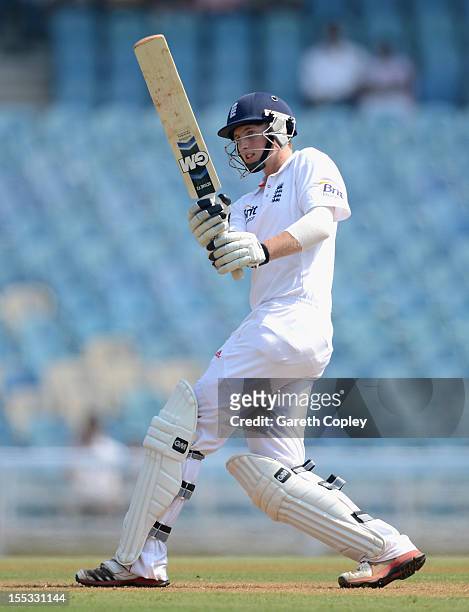 Joe Root of England bats during day one of the tour match between Mumbai A and England at The Dr D.Y. Palit Sports Stadium on November 3, 2012 in...