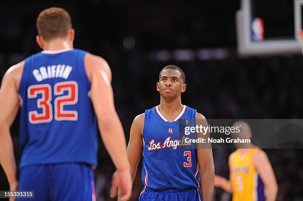 Chris Paul and Blake Griffin of the Los Angeles Clippers wait to resume during a game against the Los Angeles Lakers at Staples Center on November 2,...