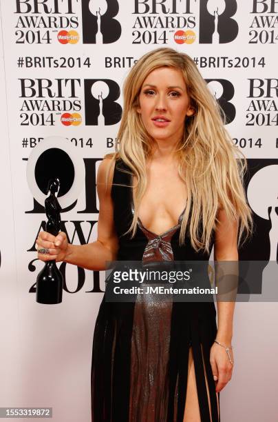 Ellie Goulding backstage with award during The BRIT Awards 2014, The O2 Arena, on 19 February 2014.