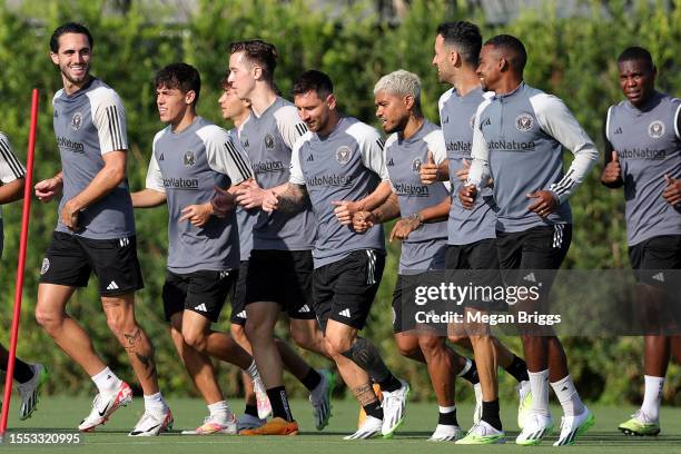 Lionel Messi and Sergio Busquets of Inter Miami CF train with teammates during an Inter Miami CF Training Session at Florida Blue Training Center on...