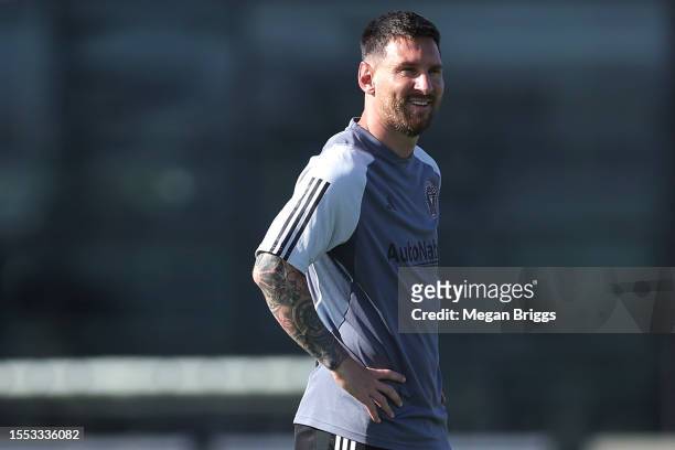 Lionel Messi of Inter Miami CF trains with teammates during an Inter Miami CF Training Session at Florida Blue Training Center on July 18, 2023 in...