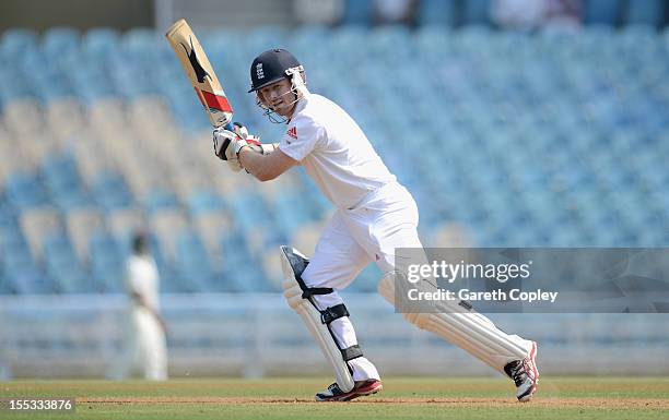 Eoin Morgan of England bats during day one of the tour match between Mumbai A and England at The Dr D.Y. Palit Sports Stadium on November 3, 2012 in...