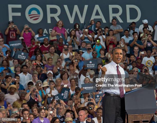 President Barack Obama delivers remarks at a campaign event, at Loudoun County high school on August 2012 in Leesburg, VA.