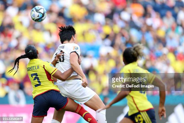 Daniela Alexandra Arias Rojas of Colombia battle for the ball during the FIFA Women's World Cup Australia & New Zealand 2023 Group H match between...