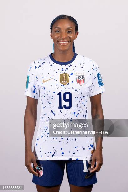 Crystal Dunn of USA poses during the official FIFA Women's World Cup Australia & New Zealand 2023 portrait session on July 17, 2023 in Auckland, New...