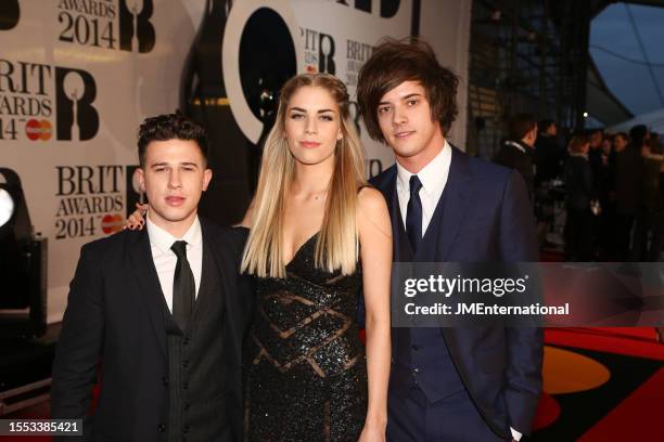 London Grammar attend The BRIT Awards 2014, The O2 Arena, on 19 February 2014. L-R Dan Rothman, Hannah Reid, Dot Major.