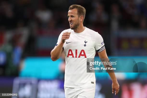 Harry Kane of Hotspur walks from the field at the half time break during the pre-season friendly match between Tottenham Hotspur and West Ham United...