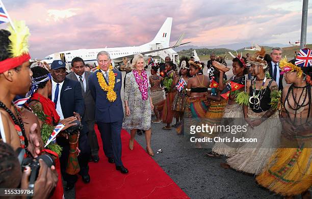 Prince Charles, Prince of Wales and Camilla, Duchess of Cornwall arrive into Jackson's International Airport on November 3, 2012 in Port Moresby,...
