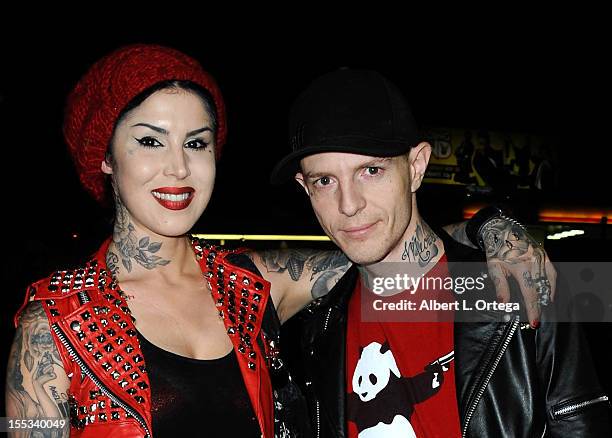 Personality Kat Von D and DJ Deadmau5 aka Joel Thomas Zimmerman attend Opening Night Of "Skulls" A Collective Show At Kat Von D's Wonderland Gallery...