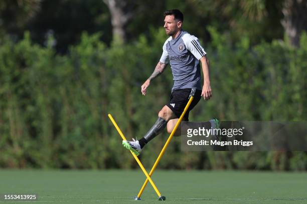 Lionel Messi of Inter Miami CF trains during an Inter Miami CF Training Session at Florida Blue Training Center on July 18, 2023 in Fort Lauderdale,...