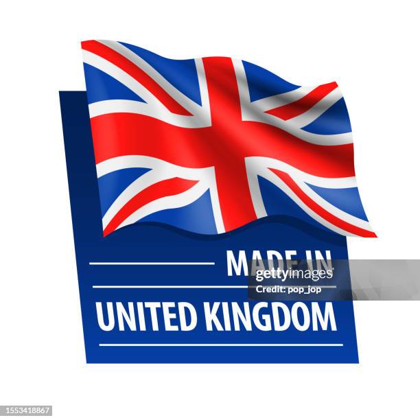 ilustraciones, imágenes clip art, dibujos animados e iconos de stock de hecho en reino unido - ilustración vectorial. bandera del reino unido y texto aislado en el fondo blanco - bandera del reino unido