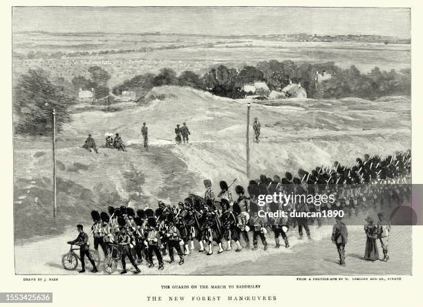 victorian british army, soldiers, guards on the march to baddesley, new forest manoeuvres, 1890s, 19th century - new forest stock illustrations