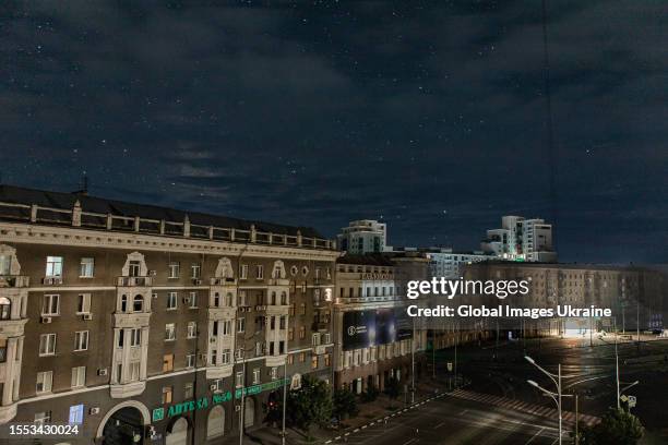 Night view of the buildings on the Pavlivska Square after 1 am, when the curfew begins in the city, and therefore there are no people on the streets...