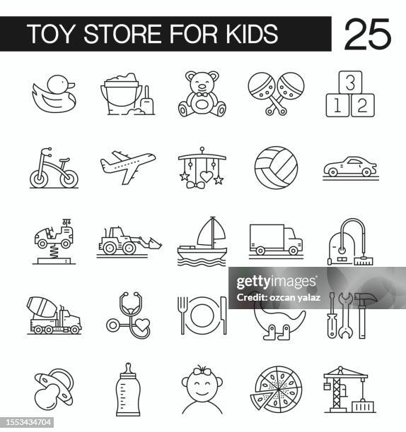 stockillustraties, clipart, cartoons en iconen met baby toy line icons editable strokes. multiple toy icons in plain design flat white color. - app store logo
