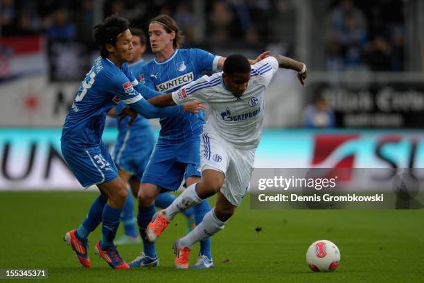 Jefferson Farfan of Schalke is challenged by Takashi Usami of Hoffenheim during the Bundesliga match between TSG 1899 Hoffenheim and FC Schalke 04 at...