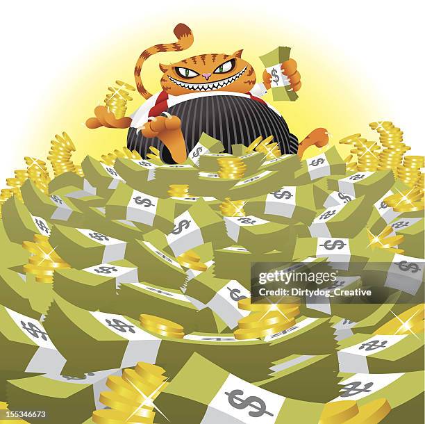 fat cat on money pile - pinstripe stock illustrations