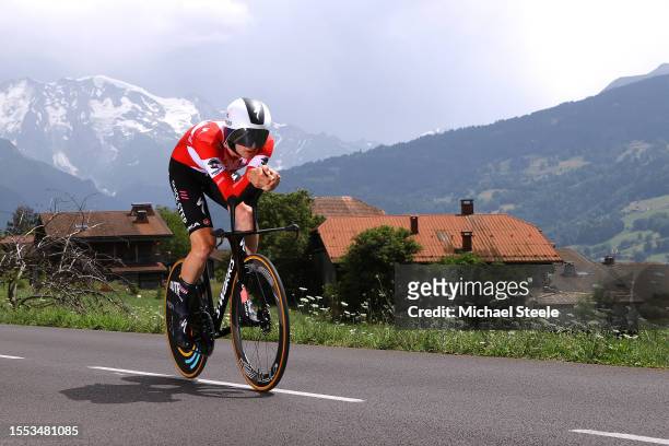 Kasper Asgreen of Denmark and Team Soudal - Quick Step sprints during the stage sixteen of the 110th Tour de France 2023 a 22.4km individual climbing...