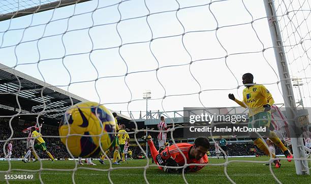 Asmir Begovic of Stoke City fails so msave the goal from Bradley Johnson of Norwich City during the Barclays Premier League match between Norwich...