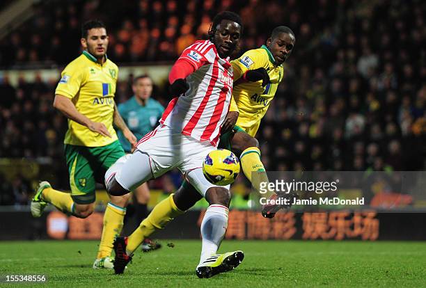 Kenwyne Jones of Stoke City battles with Leon Barnett of Norwich City during the Barclays Premier League match between Norwich City and Stoke at...
