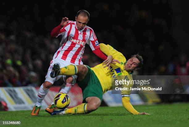Matthew Etherington of Stoke City battles with Grant Holt of Norwich City during the Barclays Premier League match between Norwich City and Stoke at...