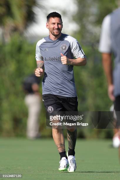 Lionel Messi of Inter Miami CF trains during an Inter Miami CF Training Session at Florida Blue Training Center on July 18, 2023 in Fort Lauderdale,...