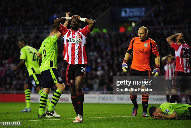 Sunderland player Louis Saha reacts after heading wide during the Barclays Premier League Match between Sunderland and Aston Villa at Stadium of...