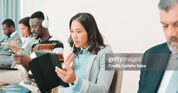 business woman, lipstick and recruitment in waiting room, getting ready on tablet for interview or job opportunity. professional makeup and people in lobby for hiring process and technology mirror - interview preparation stock pictures, royalty-free photos & images