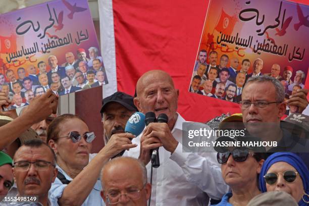 Ahmed Nejib Chebbi , leader of Tunisia's opposition National Salvation Front party, addresses demonstrators during a rally demanding the release of...