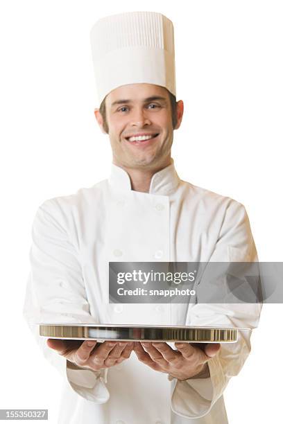 chef in coat isolated with empty tray - chef coat stock pictures, royalty-free photos & images