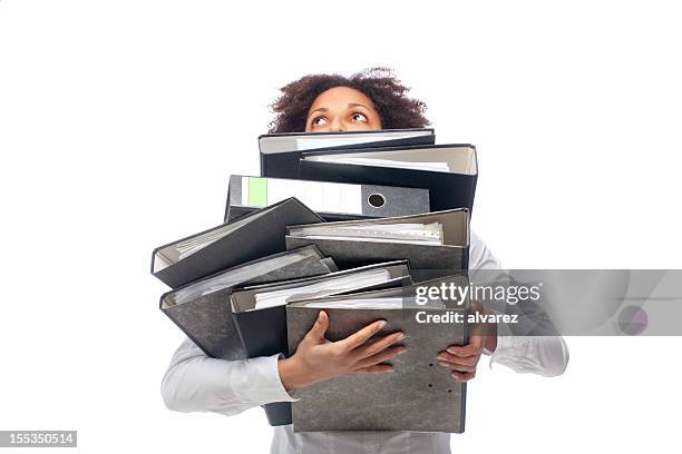 young business woman carrying archives - pile of paper bildbanksfoton och bilder