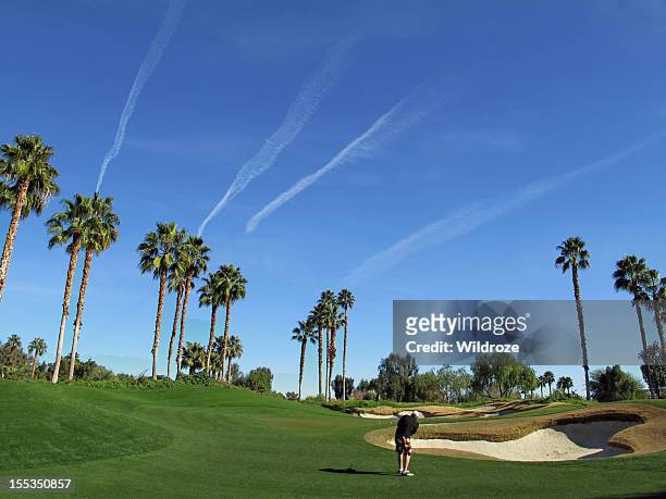 parcours de golf luxuriant et verdoyant dans le désert de palm springs - palm springs   california photos et images de collection