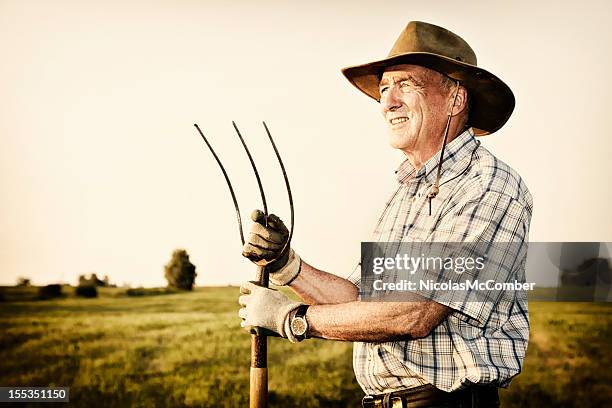 senior farmer holding heugabel - heugabel stock-fotos und bilder