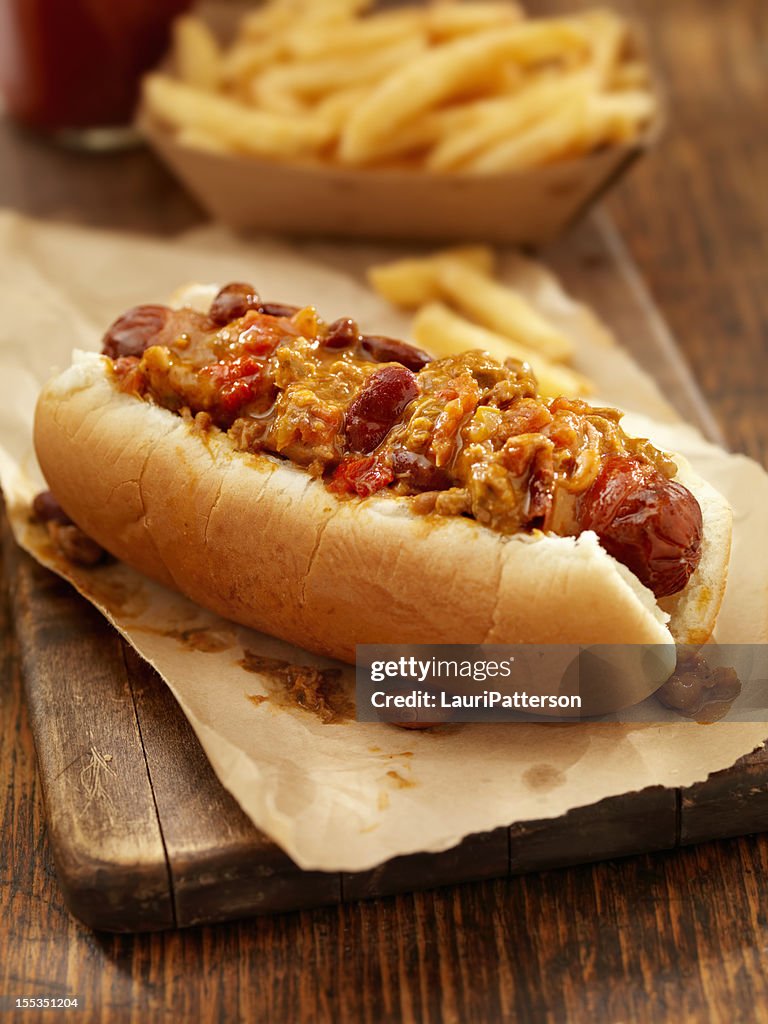 Chili Dog with a Basket of Fries