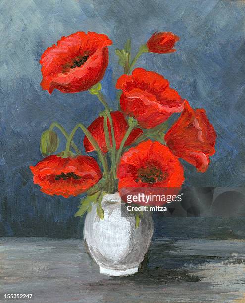 acrylic painting of poppy flower arrangement - dark blue flowers stock illustrations