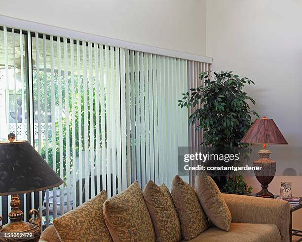 cozy living room sofa and outside view - blinds 個照片及圖片檔