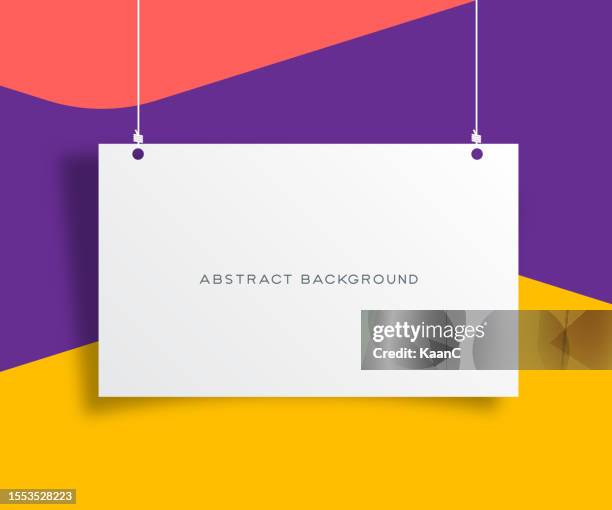 realistic hanging empty advertisement mockup. abstract shapes concept design background. abstract shapes background. abstract trendy colors background. vector illustration stock illustration - holding poster mockup stock illustrations