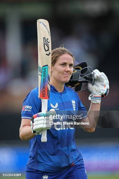 Natalie Sciver-Brunt of England leaves the field after losing her wicket caught by Ashleigh Gardner of Australi during the Women's Ashes 3rd We Got...