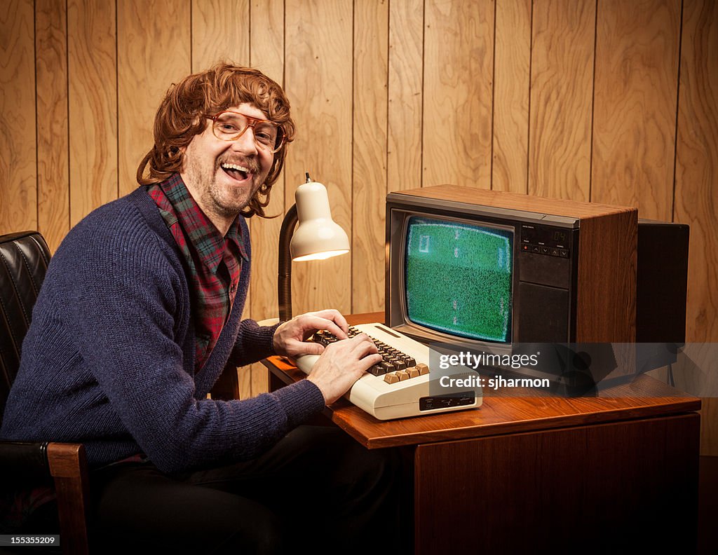 Shaggy haired Geeky Nerd Computer work man vintage style
