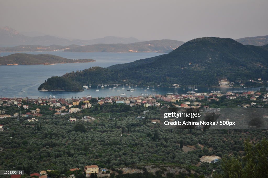 High angle view of townscape by sea against sky,Lefkada,Greece