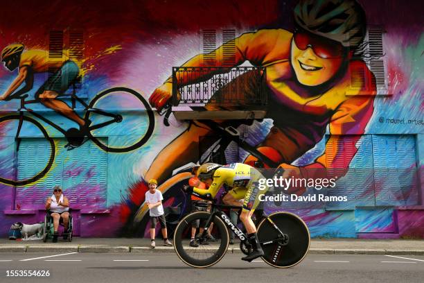 Jonas Vingegaard of Denmark and Team Jumbo-Visma - Yellow Leader Jersey sprints during the stage sixteen of the 110th Tour de France 2023 a 22.4km...