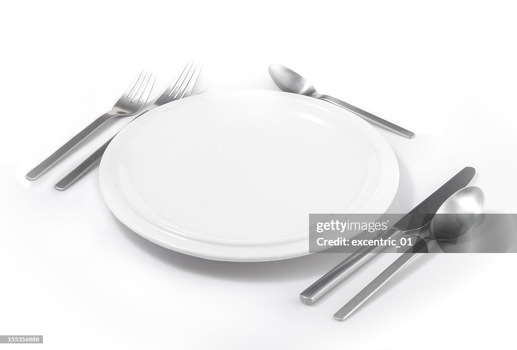 Plate, knife and fork isolated on plain background