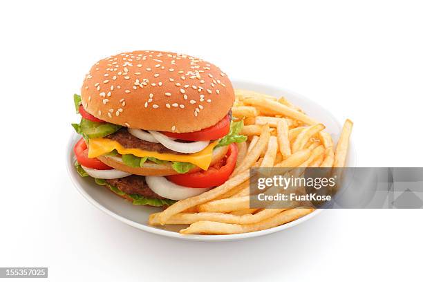 große hamburger mit pommes frites - french fries white background stock-fotos und bilder