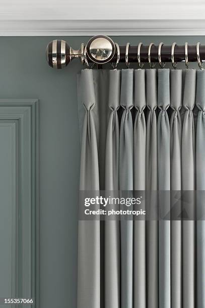 exquisite grey-green curtains - curtain rail stock pictures, royalty-free photos & images