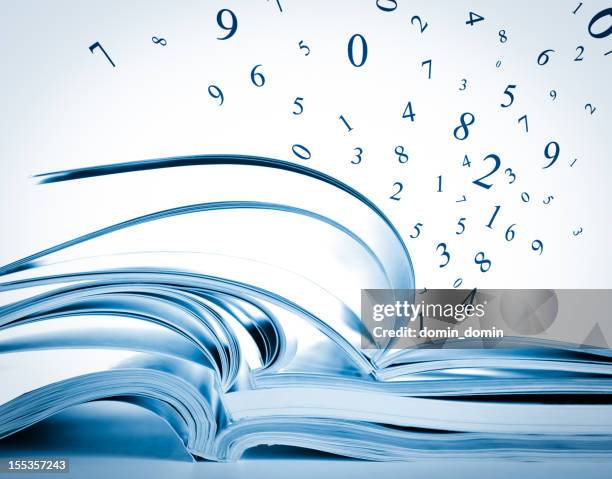 stack of opened books, magazines, exercise notebooks with flying numbers - flying letters stock pictures, royalty-free photos & images