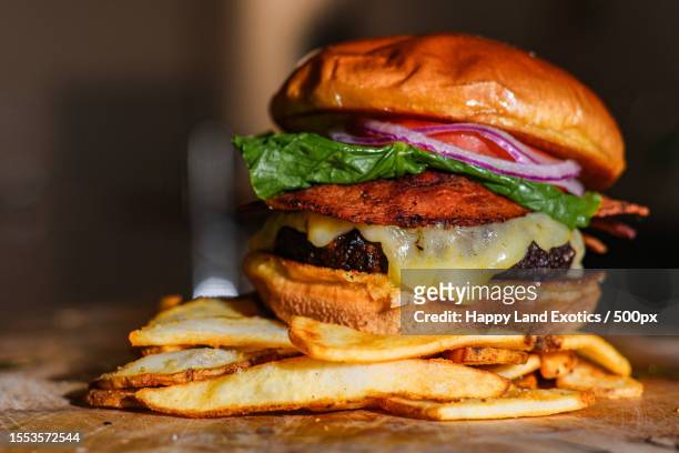close-up of burger on table,indiana,united states,usa - cheesburguer - fotografias e filmes do acervo
