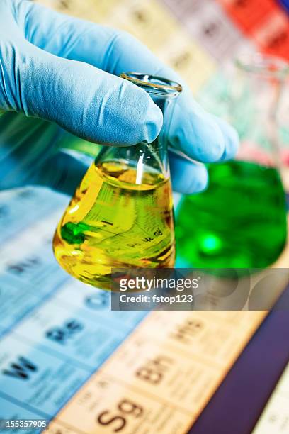 chemiker tragen von handschuhen hältst eine glaskolben - periodensystem der elemente stock-fotos und bilder